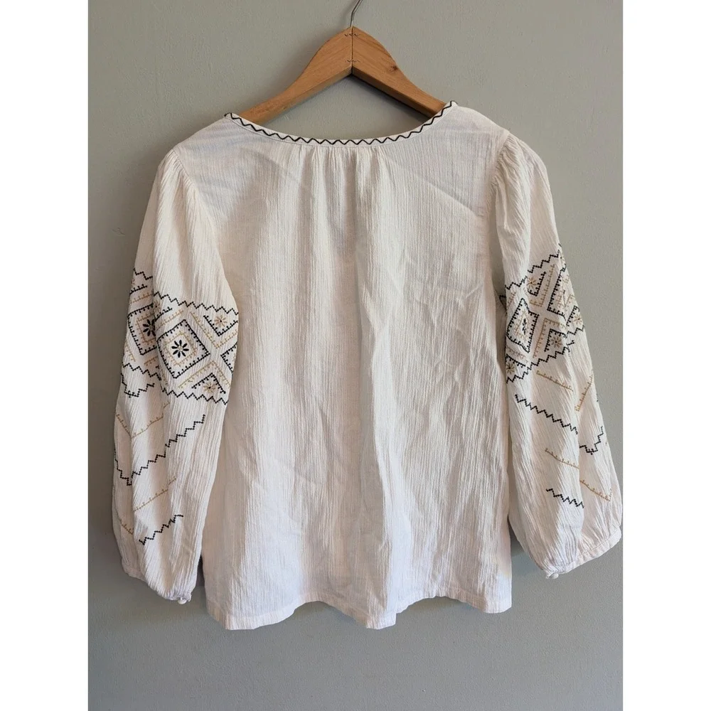 Madewell Peasant Top 100% Cotton Cream Embroidered Puff Sleeve Notch Neck Boho